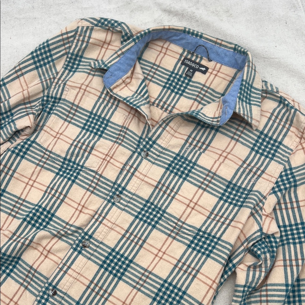 Toad&Co Beige Plaid Button-Down Shirt with Teal and Brown Checks